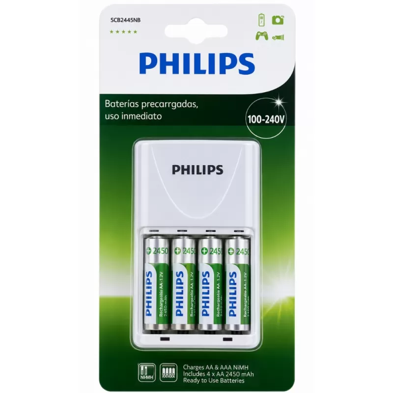 Cargador de Pilas Philips SCB2445NB/97 NiMH AAA/AA 2V con 4x Pilas AA 2450mAh