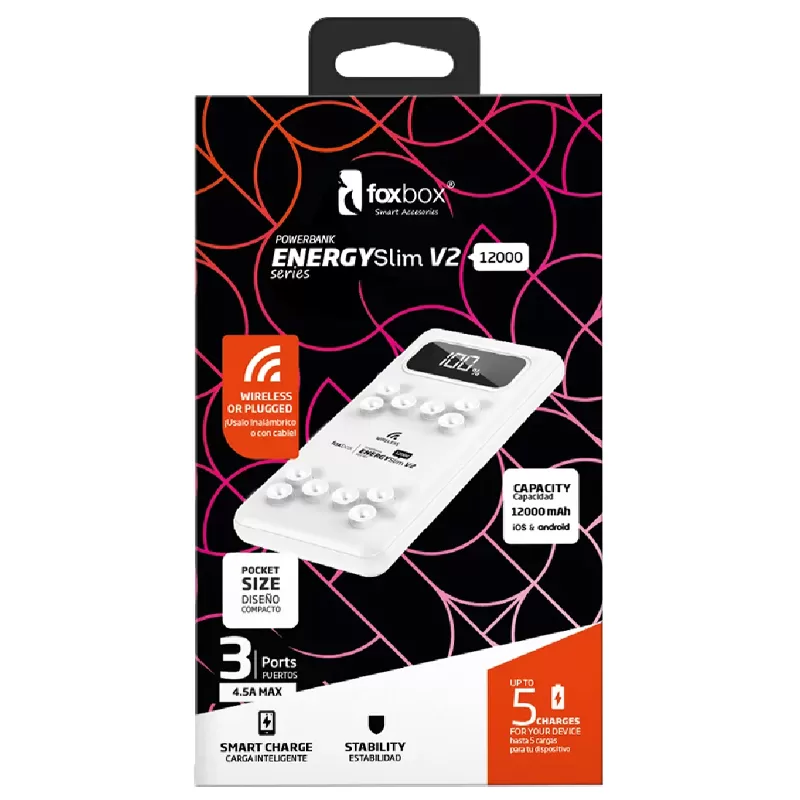 Cargador Portátil Wireless Foxbox Engery Slim V2 12.000mAh - Black