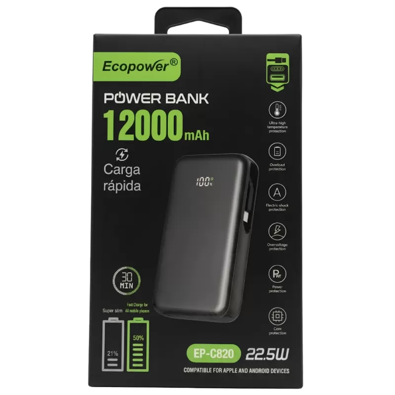 Cargador Portátil Ecopower EP-C820 12.000mAh 22.5W - Black