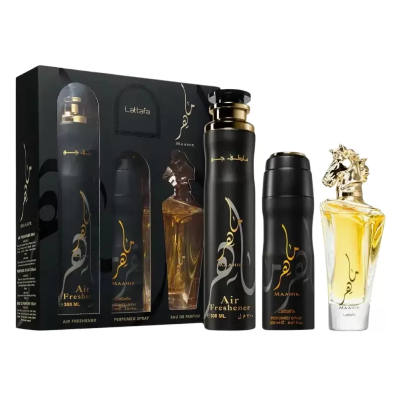 Kit Perfume Lattafa Maahir EDP 100mL + Air Freshener 300mL + Spray 200mL - Unisex