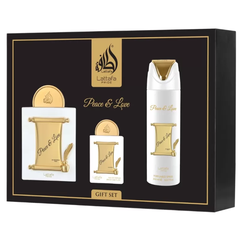 Kit Perfume Lattafa Pride Peace & Love EDP 100mL + Mini Perfume 20mL + Spray 200mL - Unisex