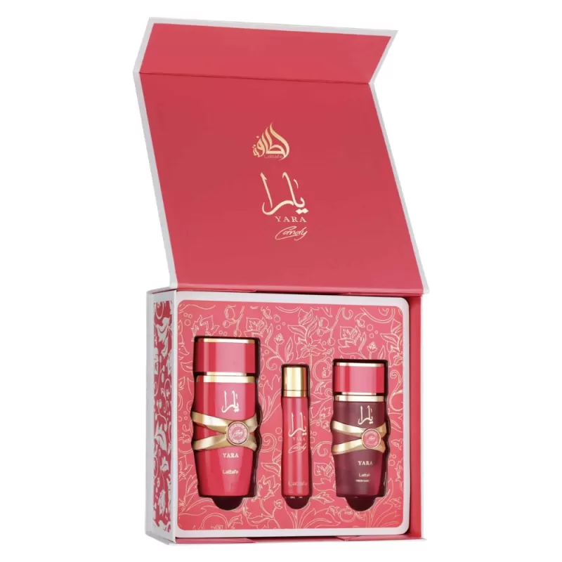 Kit Perfume Lattafa Yara Candy EDP 100mL + Hair Mist 50mL + Travel Spray 12mL - Femenino