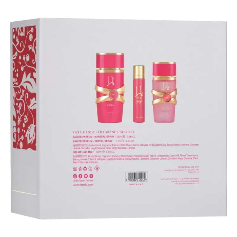 Kit Perfume Lattafa Yara Candy EDP 100mL + Hair Mist 50mL + Travel Spray 12mL - Femenino
