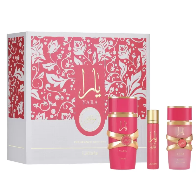 Kit Perfume Lattafa Yara Candy EDP 100mL + Hair Mist 50mL + Travel Spray 12mL - Femenino